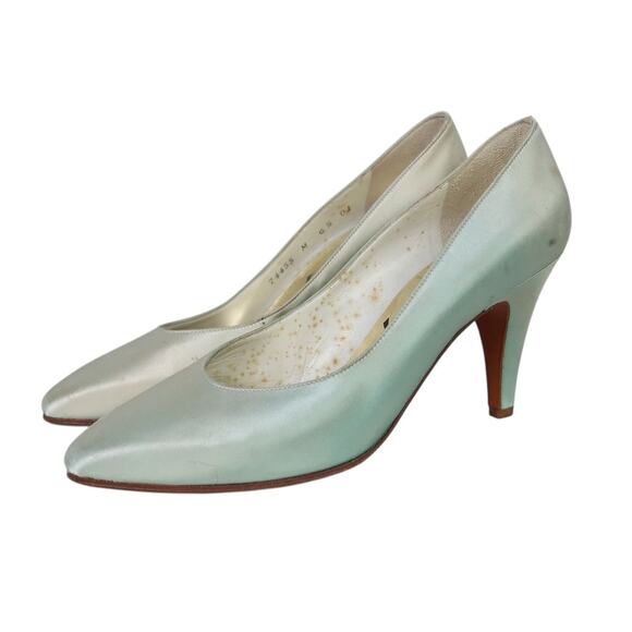 Vintage 80s Yves Saint Laurent YSL Light Blue Satin Pointed Toe Pumps 6.5 - Picture 1 of 7